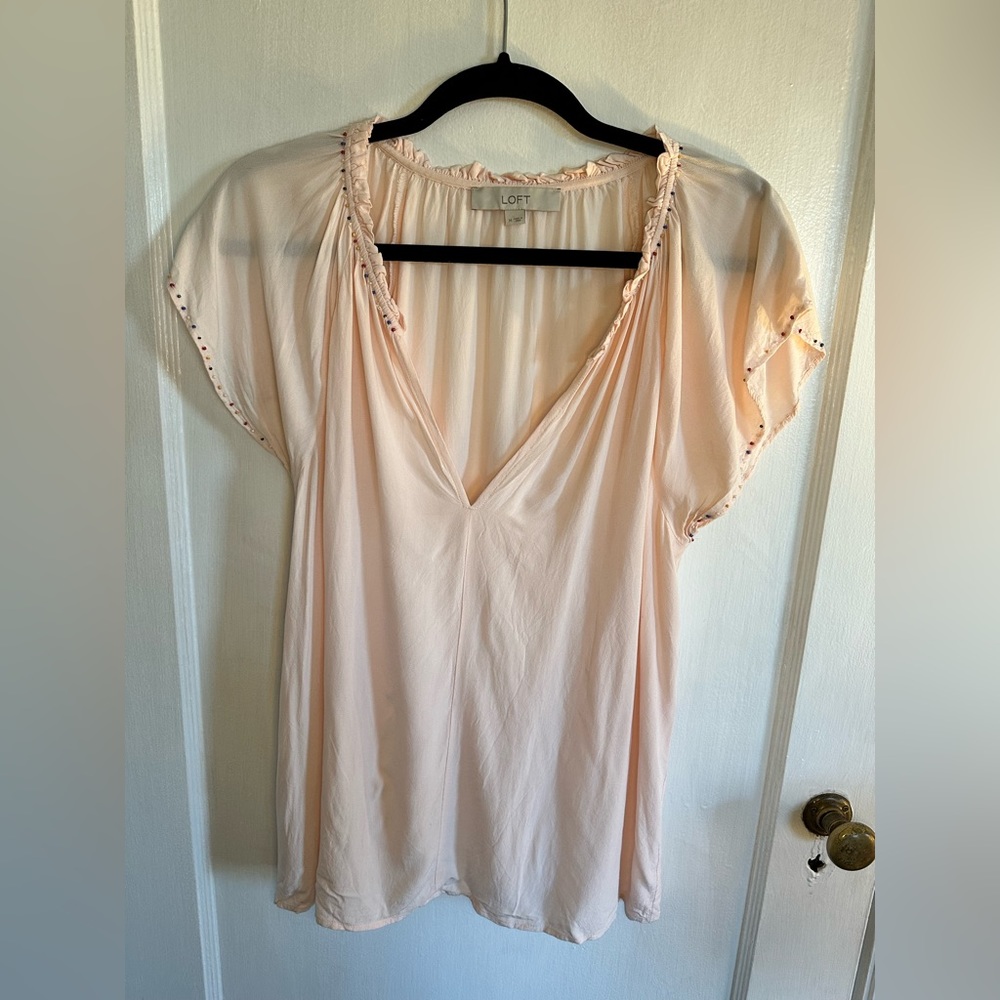 LOFT peach flutter sleeve blouse with bead detail size M